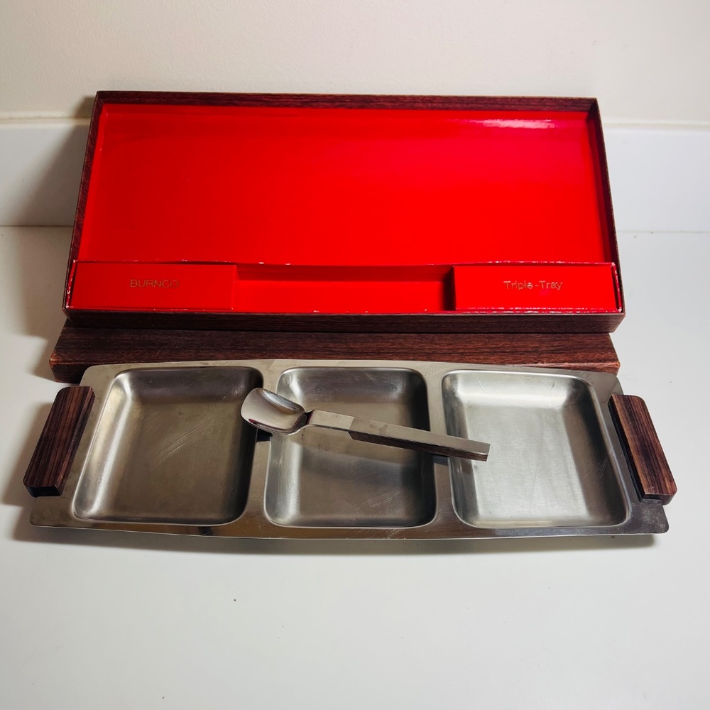 Vintage Stainless Steel 3 Compartment Serving Tray Condiment Dish Burnco